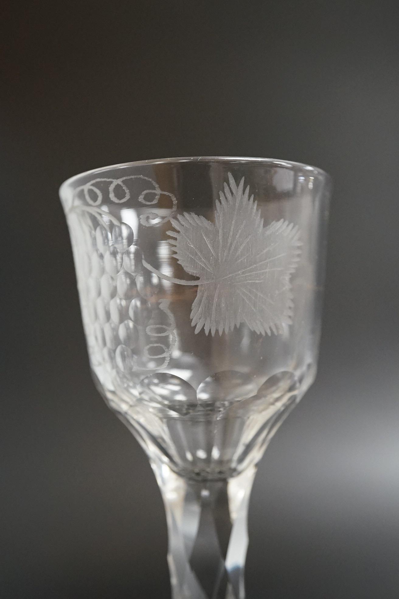 Two faceted wine glasses, c.1780, both with engraved bowls, tallest 15.5cm